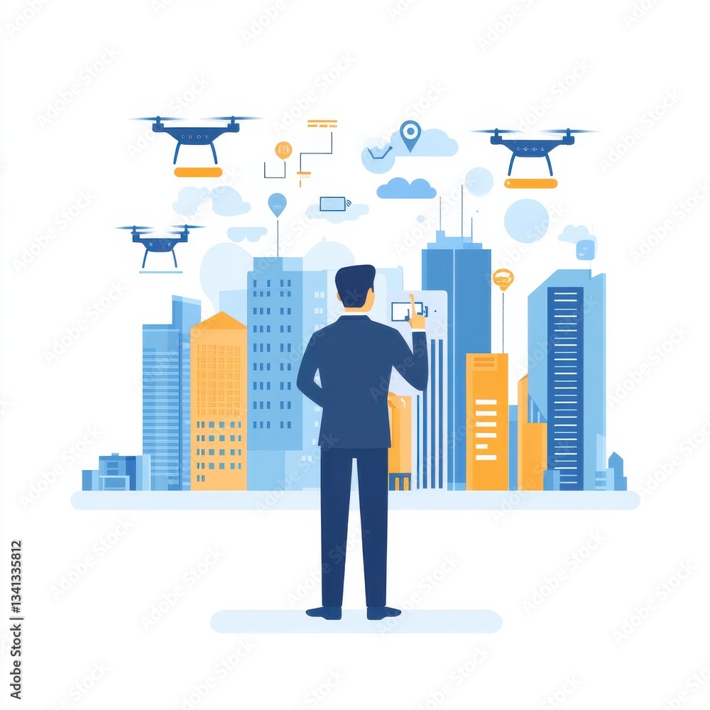 Aufkleber man using smartphone in urban setting with drones flying above