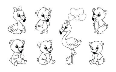 Obraz premium Cute Flamingo and Bear Cartoon Illustration in Black and White