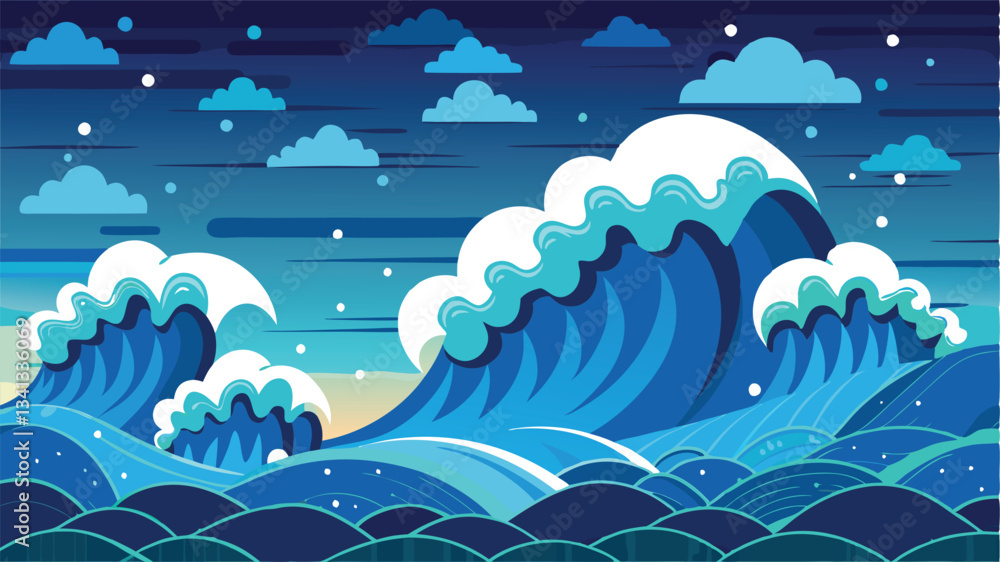 Poster colorful ocean waves under a vibrant sunset with mountains in the background create a calm, serene a