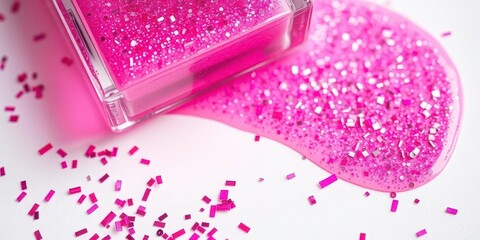 Close-up of sparkling pink lip gloss, glitter, and confetti on white, valentines, glamour