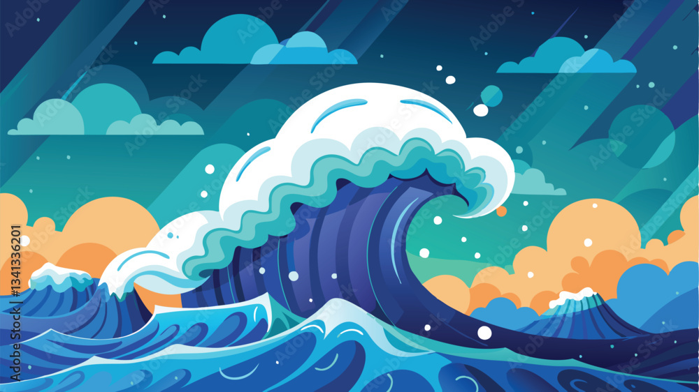 Poster Colorful ocean waves under a vibrant sunset with mountains in the background create a calm, serene atmosphere at the edge of the sea