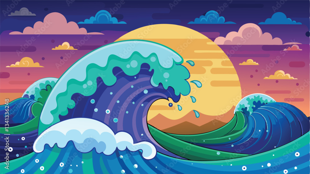 Poster colorful ocean waves under a vibrant sunset with mountains in the background create a calm, serene a