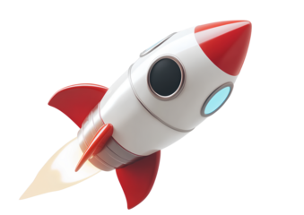 A cartoon rocket flying in the air, with a red and white color scheme, and a transparent background