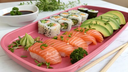 Neon-themed sushi platter with glowing accents