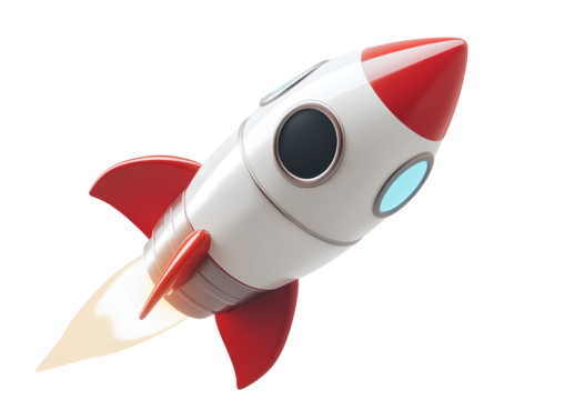 A cartoon rocket flying in the air, with a red and white color scheme, and a transparent background - Powered by Adobe