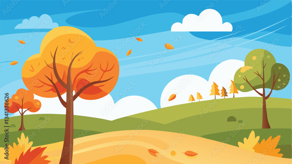 Aufkleber vibrant autumn landscape with trees and rolling hills in a colorful vector illustration featuring br