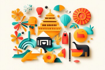 Fototapeta premium Vibrant Paper Cut-Out Illustrations of Cultural Symbols and Objects