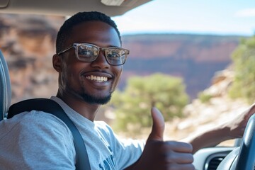 a cheerful black man giving a thumbs-up while driving a car through a scenic landscape, showing excitement