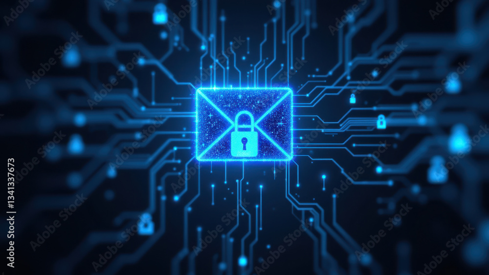 Poster cybersecurity graphic with an email envelope lock icon integrated into circuit board design.