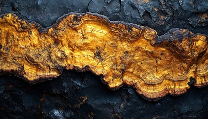 Obraz premium Golden chaga mushroom texture on a dark mineral background creating a stunning natural texture background for design and inspiration.