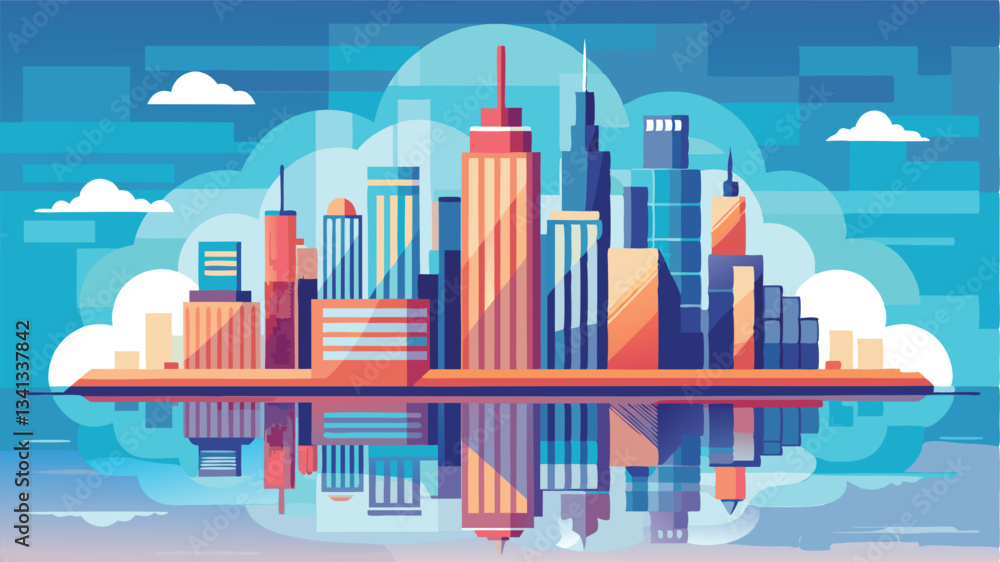 Poster colorful vector illustration of a vibrant urban skyline reflecting on water with a sunset backdrop a