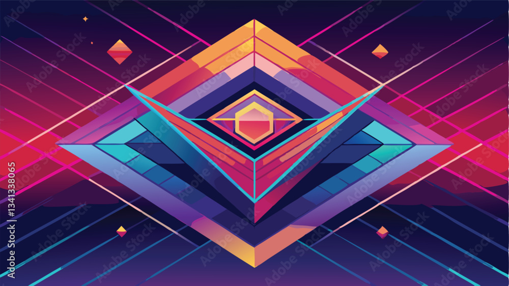 Poster vibrant geometric abstract illustration featuring sharp angles and colorful shapes in a dynamic comp
