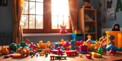 Fototapeta premium Colorful toys scattered on a table by a sunlit window, imagination, fun time