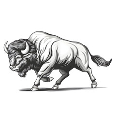 Powerful black and white sketch of a bison running freely through a natural open landscape
