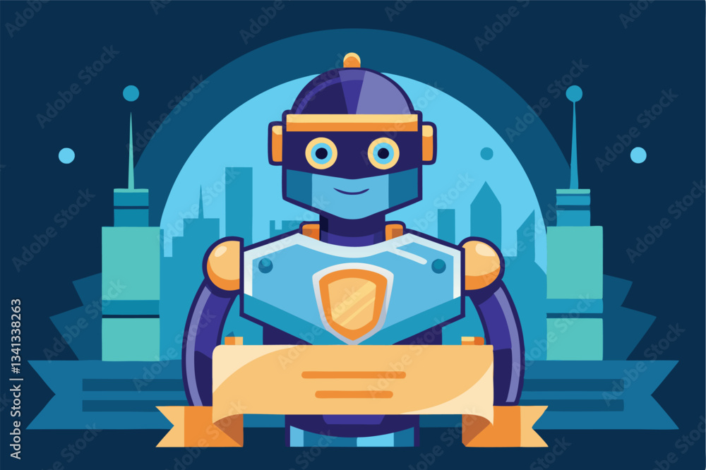 Poster cheerful robot holding a banner in a colorful vector illustration featuring a starry night backgroun