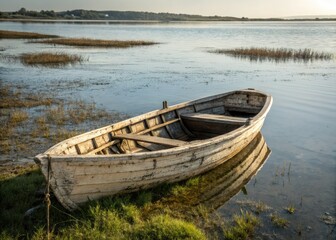 Obraz premium Vintage nautical photography captures a small, decaying wooden boat at sea, a weathered relic.