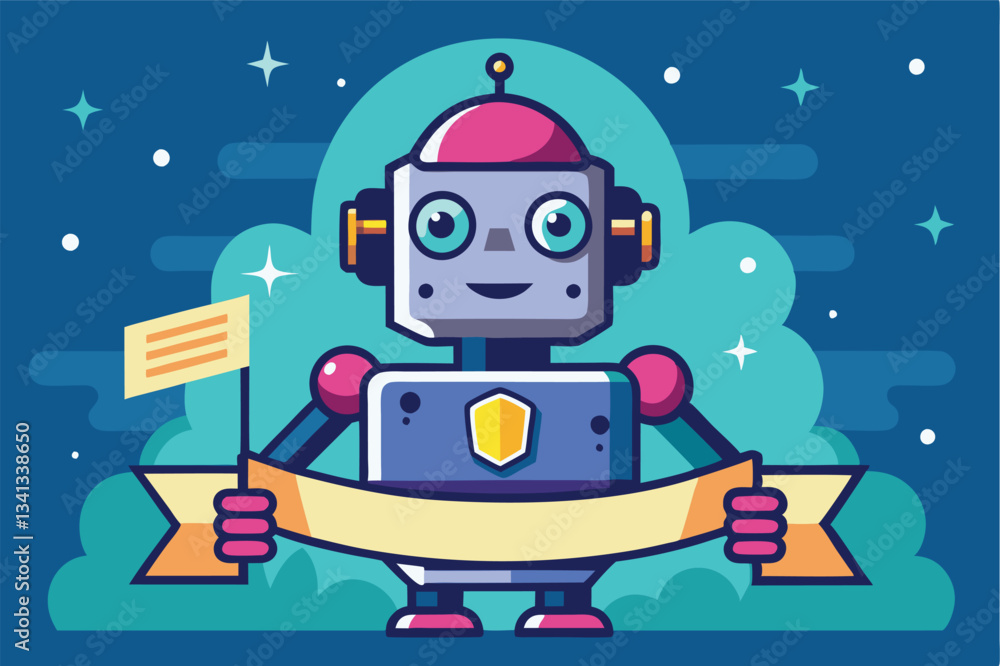 Poster cheerful robot holding a banner in a colorful vector illustration featuring a starry night backgroun