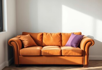 Fototapeta premium Cozy brown sofa with three pillows in a relaxed corner setting, fall, texture