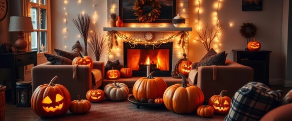 Obraz premium Cozy living room, carved pumpkins, Halloween decor, twinkling fairy lights, carved, fireplace