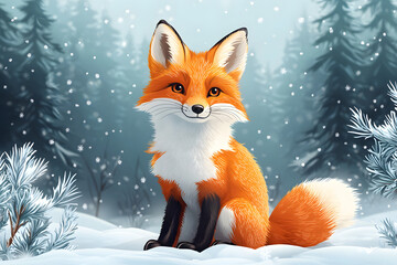 Fototapeta premium A charming orange fox with a white chest sits in a snowy forest during a gentle snowfall.