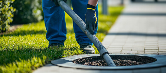 man pumping out house septic tank. drain and sewage cleaning service