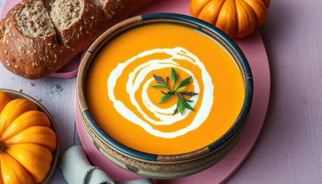 Creamy pumpkin soup, rustic bowl, rye bread, cumin seeds, pink board, fall, pink