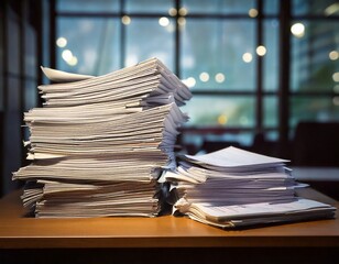窓際の机に山のように積み重ねられた書類