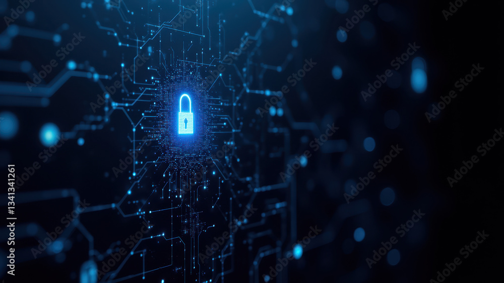 Aufkleber digital network security with a lock symbol in center of interconnected blue dots against a dark bac