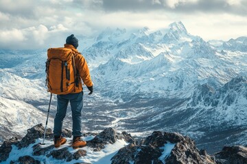 Fototapeta premium a hiker stands on a snowy mountain peak, with a backpack, and mountain in background
