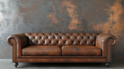 Concrete and with copper decorated wall and brown leather sofa.