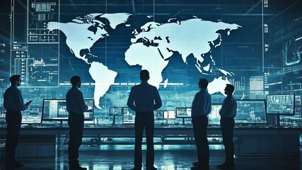 Group of professionals analyzing data in a high-tech control room with a digital world map display - Powered by Adobe