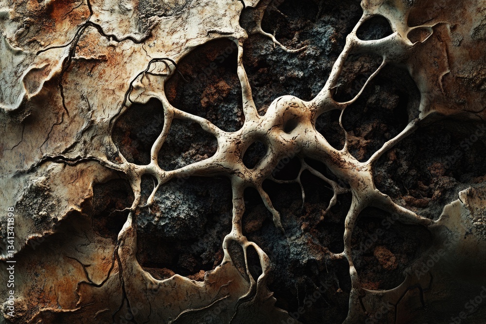 Fototapete abstract artwork depicting a decaying or eroded organic structure resembling a neuron or nerve cell.