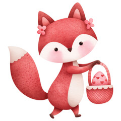 Naklejka premium Cute fox carrying basket with decorated egg, showcasing playful and cheerful expression. Perfect for spring themes