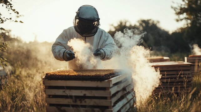 Beekeeper smokes beehives at sunset in lush field.