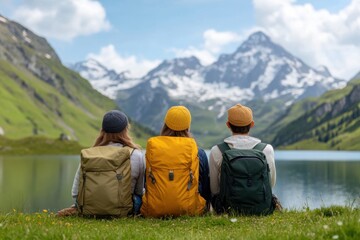 Scenic Mountain View with Hikers by the Lake in Bright Sunshine