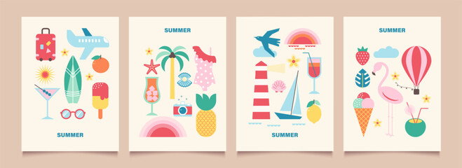 Summer backgrounds with icons or badges of vacation mood in flat design. Modern geometric vector illustrations. Trendy  posters, cards, banners, print on shirts.