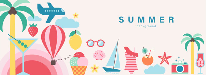 Summer backgrounds with icons or badges of vacation mood in flat design. Modern geometric vector illustrations. Trendy  posters, cards, banners, print on shirts.