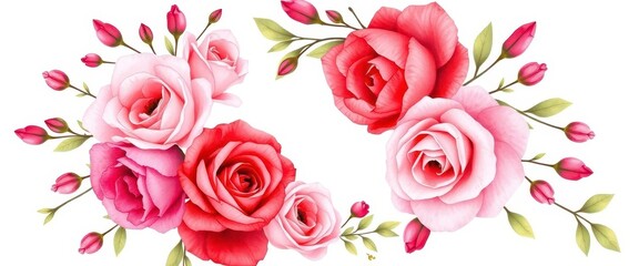 Delicate watercolor pink and red roses entwined, forming a romantic floral frame ideal for wedding invitations, stationery, vintage