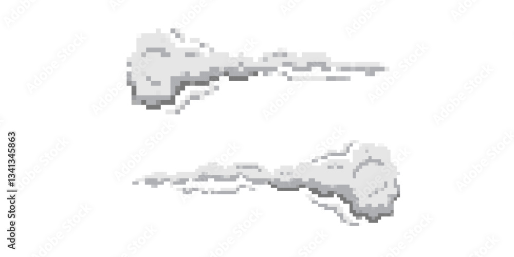 Poster two pixelated clouds with unique patterns and clear outlines showcasing digital artistry elements.