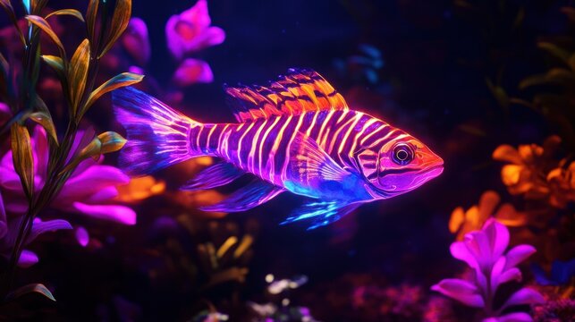 Surreal neon tigerfish gracefully swimming amidst vibrant digital flora
