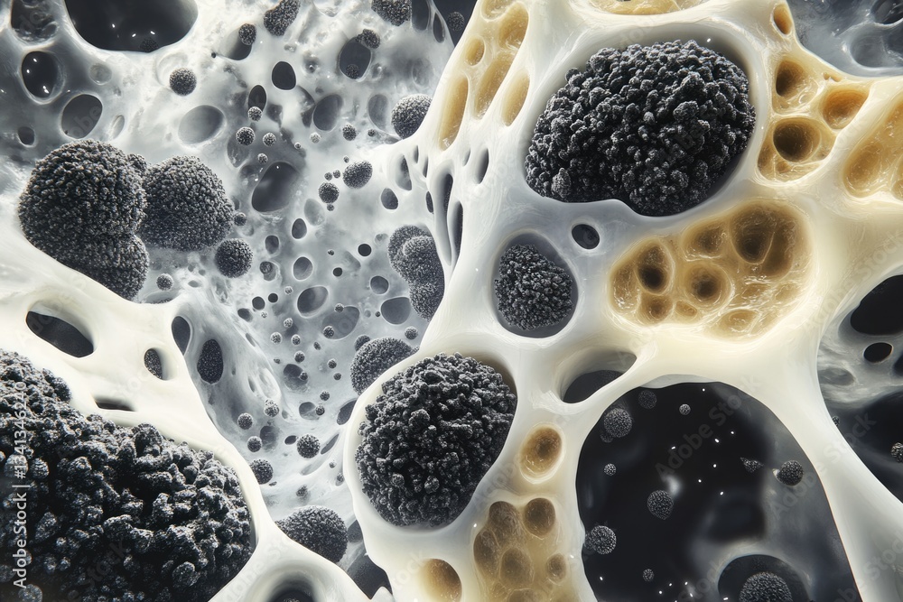 Poster abstract 3d rendering of a porous, organic structure with dark and light clusters.