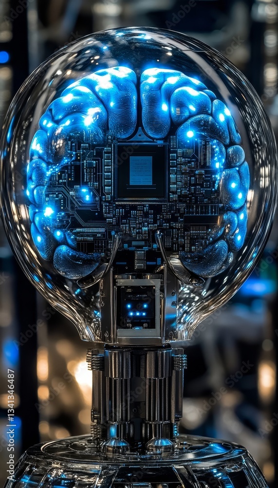 Poster futuristic ai brain, advanced chip on circuit board, artificial intelligence concept, robotics.