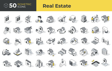 Isometric real estate linear icon set featuring houses, apartments, rent, loan, sale, mortgage, investment, construction, smart homes, relocation, office spaces, interior. For web and business use