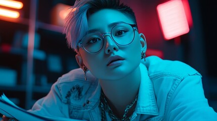 Stylish Individual with Piercings and Glasses Thoughtful Expression under Neon Lighting