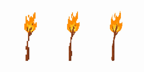 Three torches are depicted in pixel art style, each with vibrant flames from brown handles.