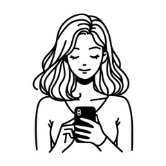 Woman using smartphone with calm expression on white background