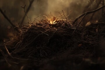 Glowing embers of a dying fire in the dark forest, surrounded by twigs and soil.