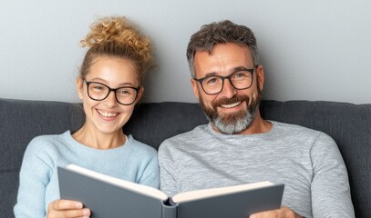 Happy Couple Reading Book on Sofa Together