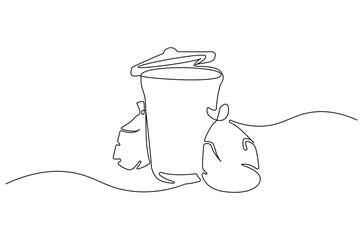 Continuous one line drawing of dust bin and plastic trash bag. Single line drawing illustration garbage container and plastic trash. Waste management concept vector art. Line vector illustration.