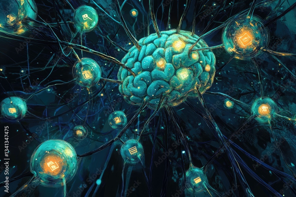 Poster abstract artwork depicting a brain connected to glowing orbs, symbolizing neural networks and inform